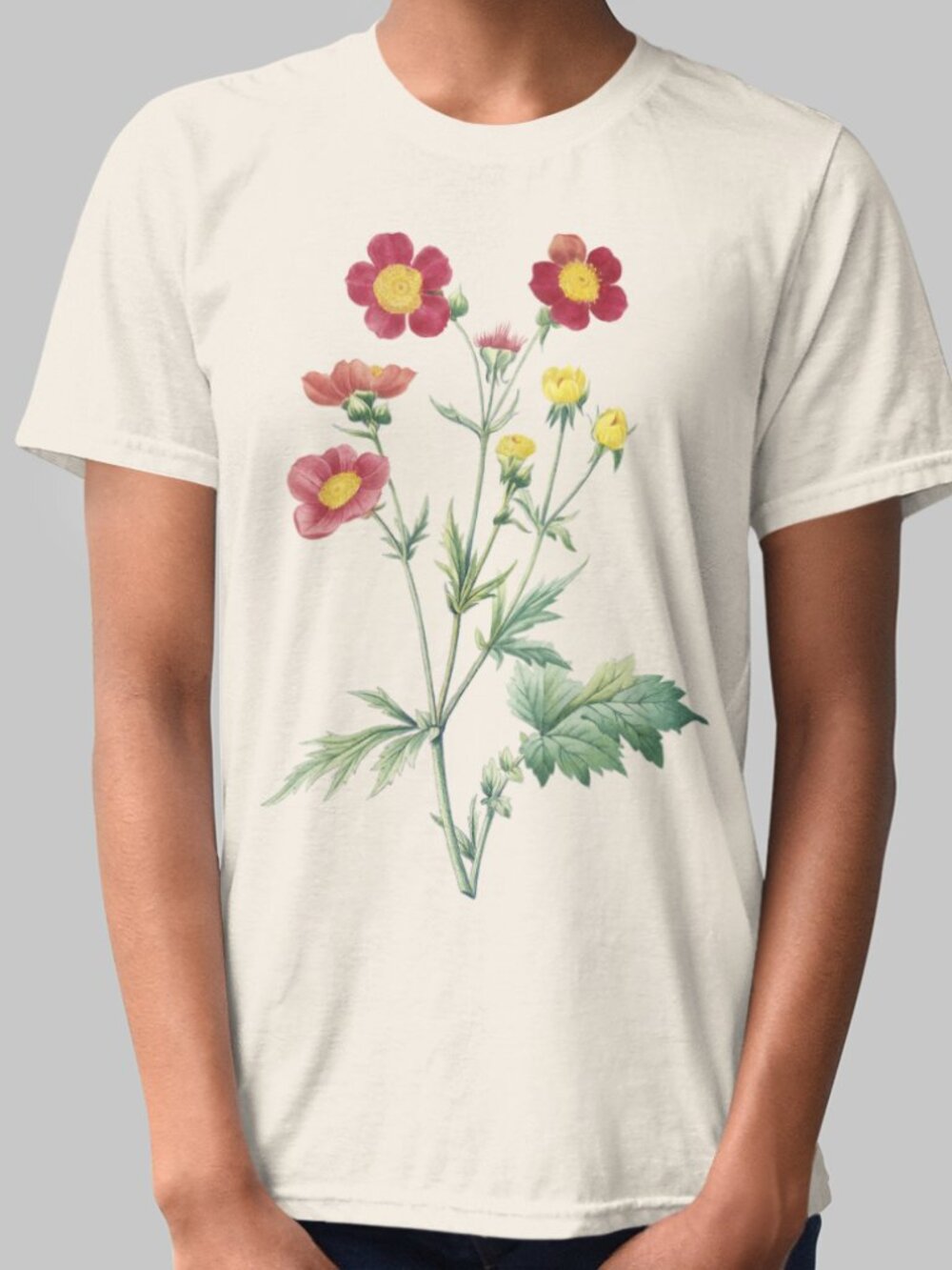Red Avens Vintage Floral Print Short Sleeve Graphic Tee T-shirt S-XXL